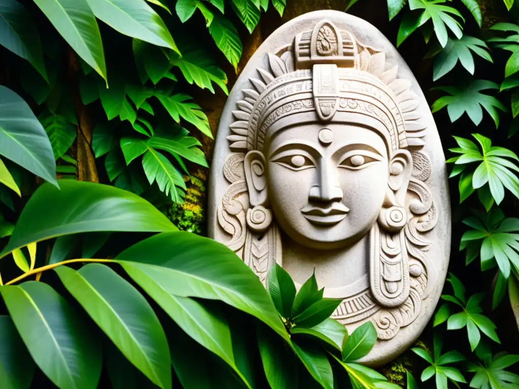 Detallada talla de piedra con filosofías ancestrales del Caribe, entre exuberante vegetación tropical y suave luz solar