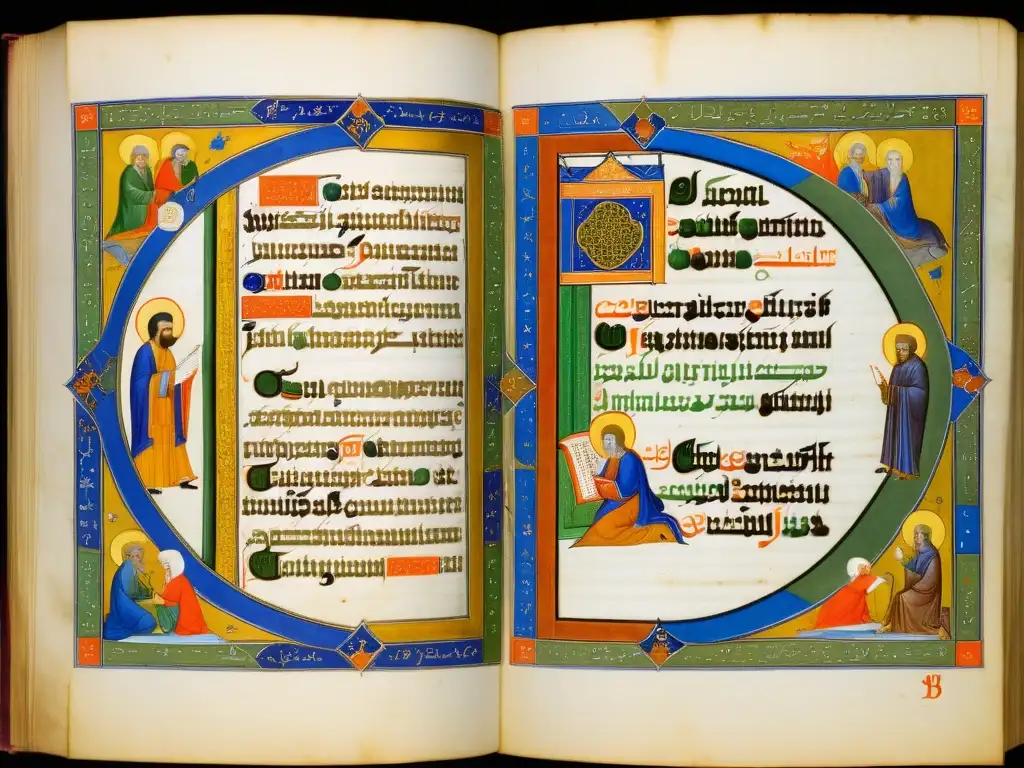 Ilustración detallada de teólogos cristianos y la influencia de la filosofía islámica en la Edad Media, con colores vibrantes y caligrafía intrincada