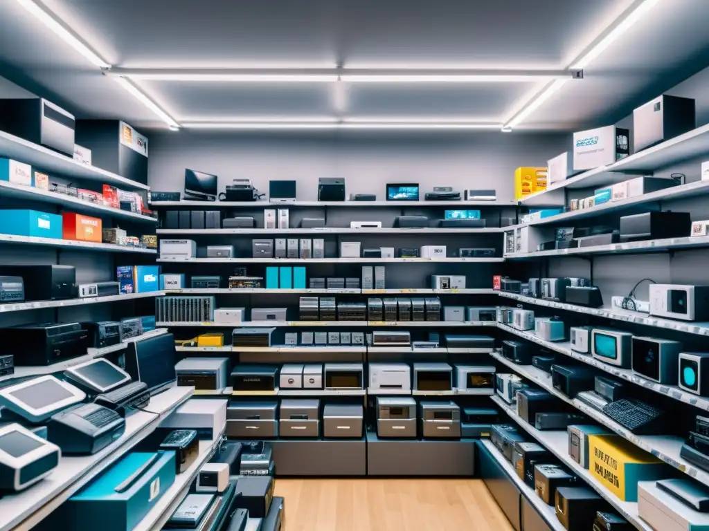 Una fotografía 8k detallada de una tienda de electrónica caótica, simbolizando la excesiva ansiedad de la era del consumismo