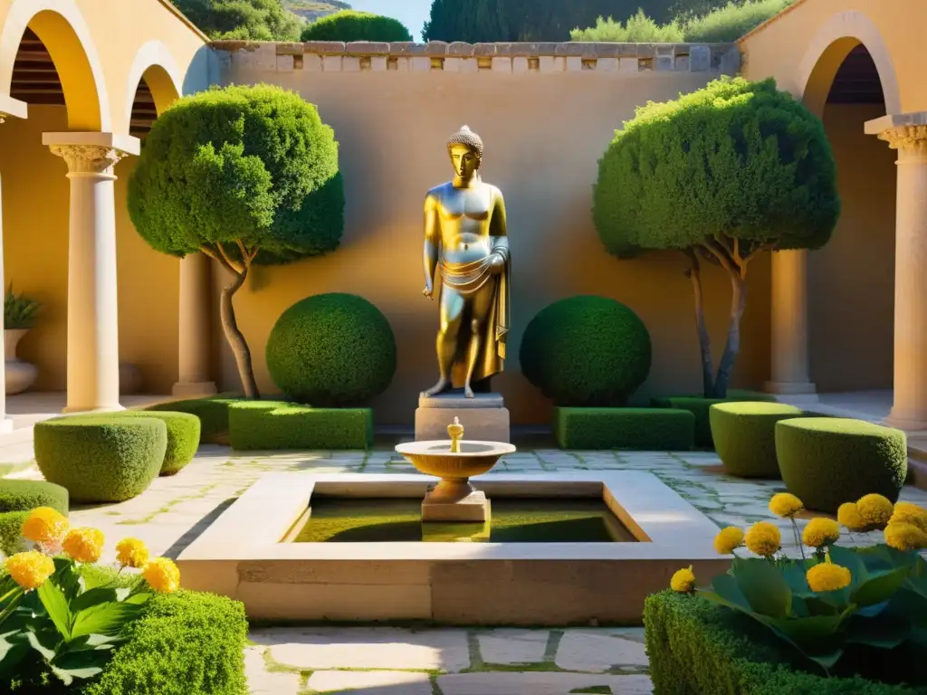 Una fotografía detallada de un tranquilo patio griego con la estatua de Zenón de Citio, rodeada de vegetación exuberante y flores vibrantes