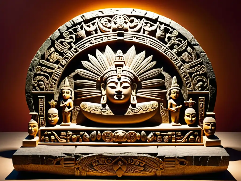 Detallado altar mesoamericano, con deidades y símbolos tallados, revelando arte y misterio en expresiones filosóficas mesoamericanas artefactos
