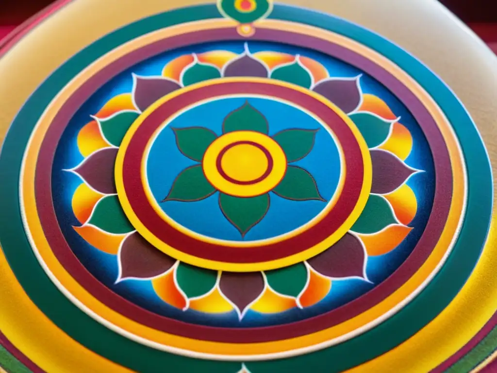 Detallado mandala de arena budista, reflejando la impermanencia y conexión del universo