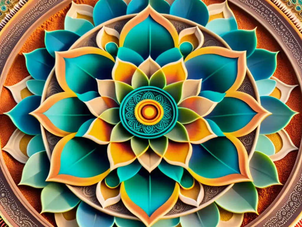 Detallado mandala de arena con Geometría Sagrada y corrientes filosóficas, exhibiendo colores vibrantes y precisión meticulosa