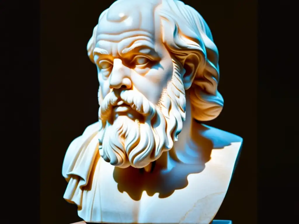 Detallado busto de mármol de Sócrates, con arrugas en la frente, rizos en el cabello y mirada intensa