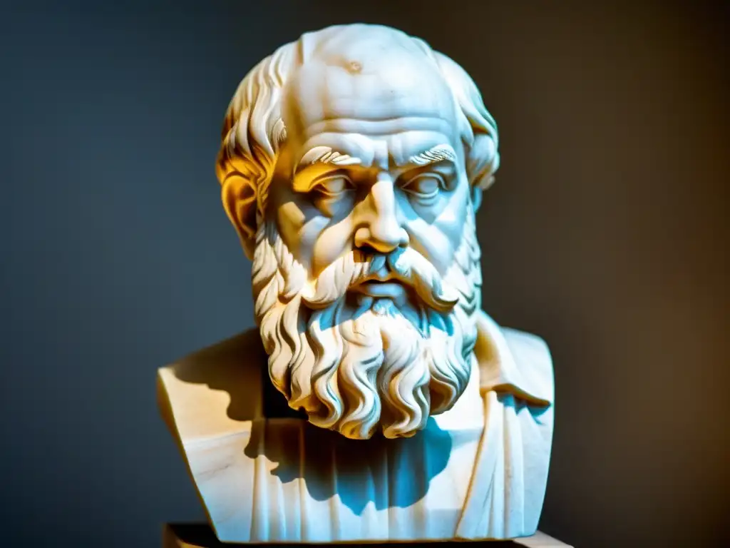 Detallado busto de mármol de Platón, con expresión contemplativa y barba