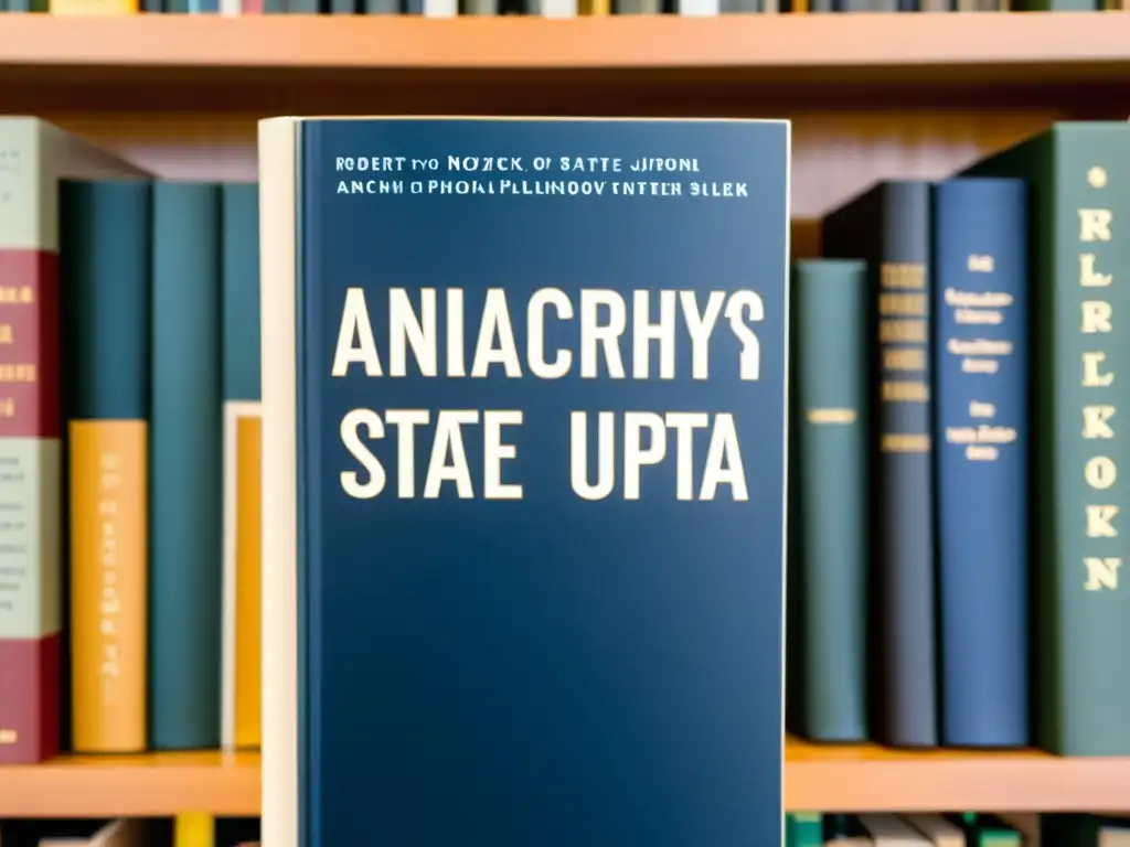 Detallado close-up del libro 'Anarchy, State, and Utopia' de Robert Nozick en una biblioteca llena de libros de teoría política y filosófica, con luz natural suave