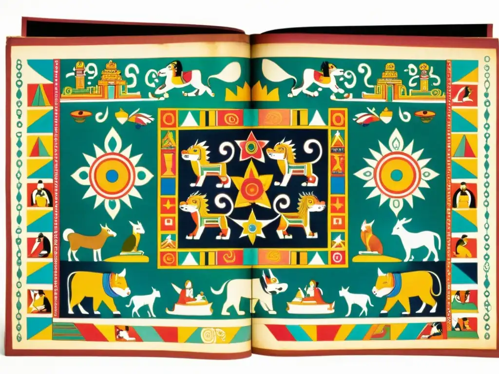 Detallado códice mixteco que muestra símbolos coloridos de su filosofía, arte y religión