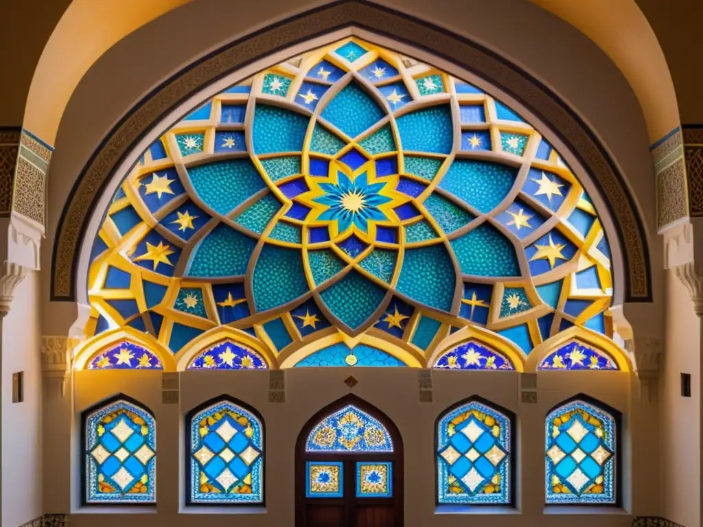 Detallado diseño geométrico islámico en una mezquita histórica, iluminado por luz dorada