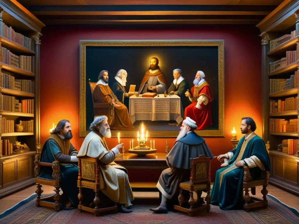 Debate filosófico en el estudio renacentista Un detallado óleo muestra a eruditos renacentistas debatiendo en un lujoso estudio, rodeados de sabiduría