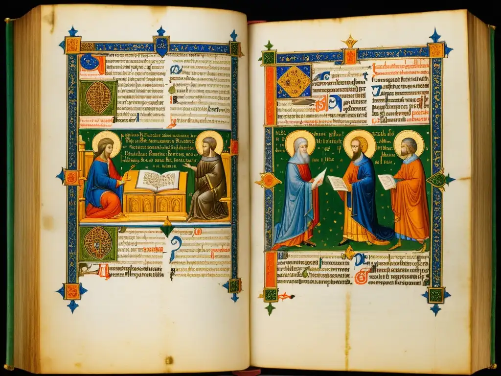 Detallado manuscrito medieval con caligrafía e ilustraciones coloridas, representando un debate teológico entre eruditos