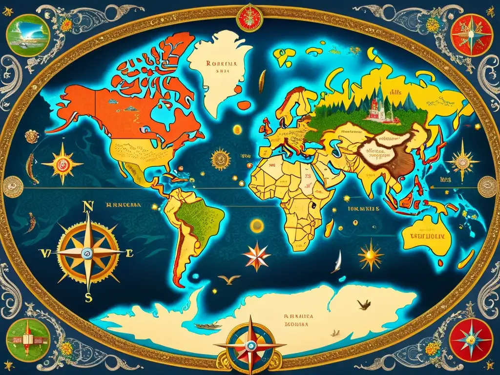 Detallado mapa renacentista con monstruos marinos y criaturas míticas, evocando la filosofía renacentista y cartografía mundial