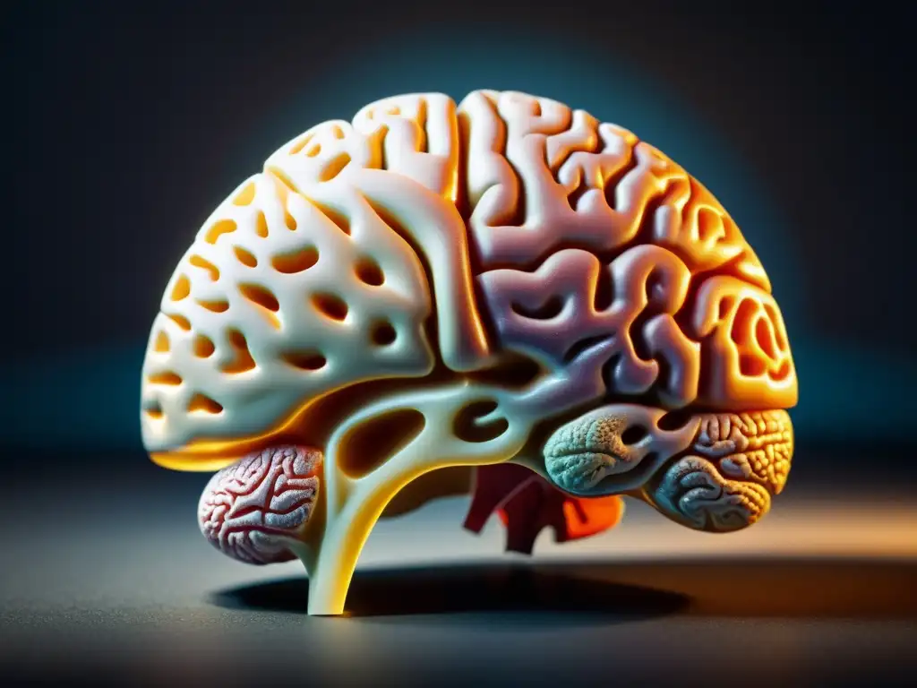 Detallado modelo de cerebro humano en dramático contraste, evocando complejidad y profundidad