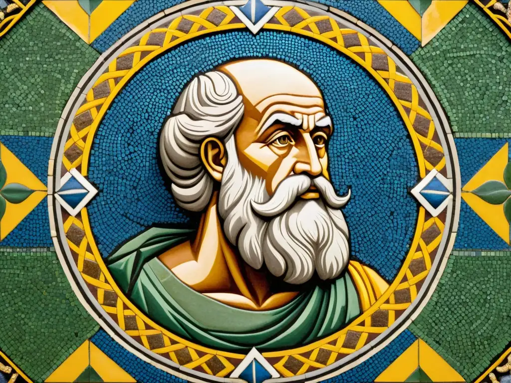 Detallado mosaico de Heraclitus, filósofo griego, rodeado de símbolos de cambio y flujo