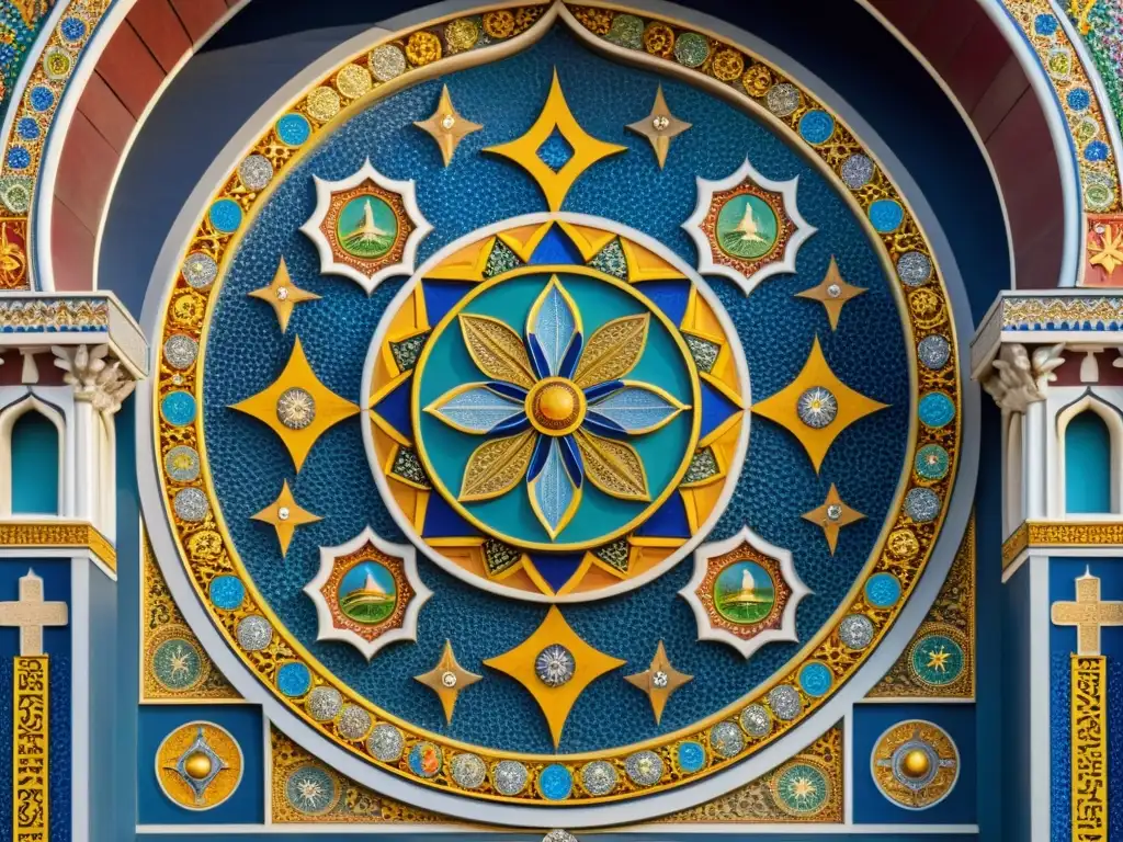 Detallado mosaico en templo histórico fusionando símbolos religiosos, ejemplificando el sincretismo en la filosofía contemporánea