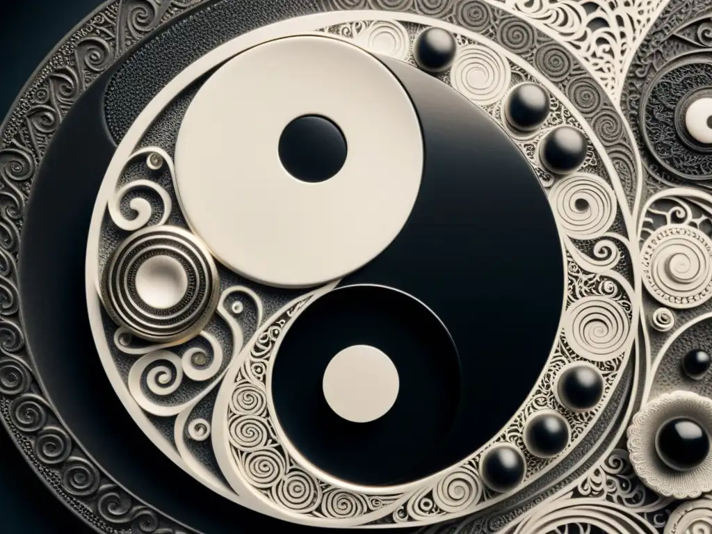 Detallado yin yang con patrones en blanco y negro, capturando la dicotomía bien-mal al estilo Star Wars