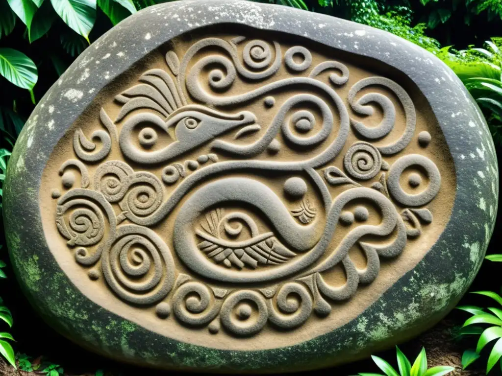 Detallado petroglifo Taíno en piedra grande, reflejando la evolución de la filosofía política en el Caribe precolombino