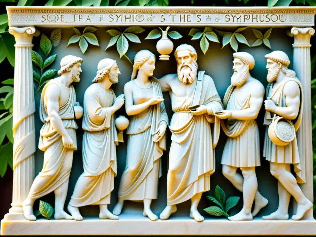 Detallado relieve de mármol representa escena de El Banquete de Platón con Sócrates y figuras griegas discutiendo amor y filosofía