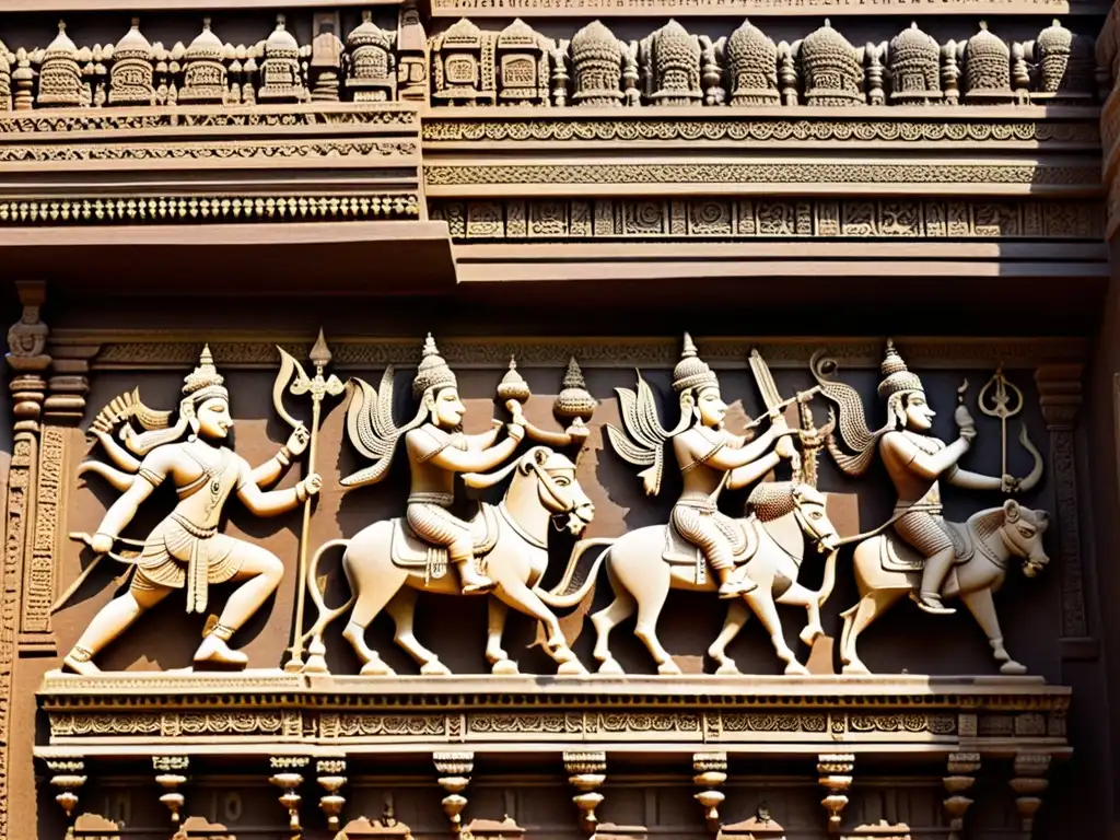 Detallado relieve de templo hindú en Tamil Nadu, India