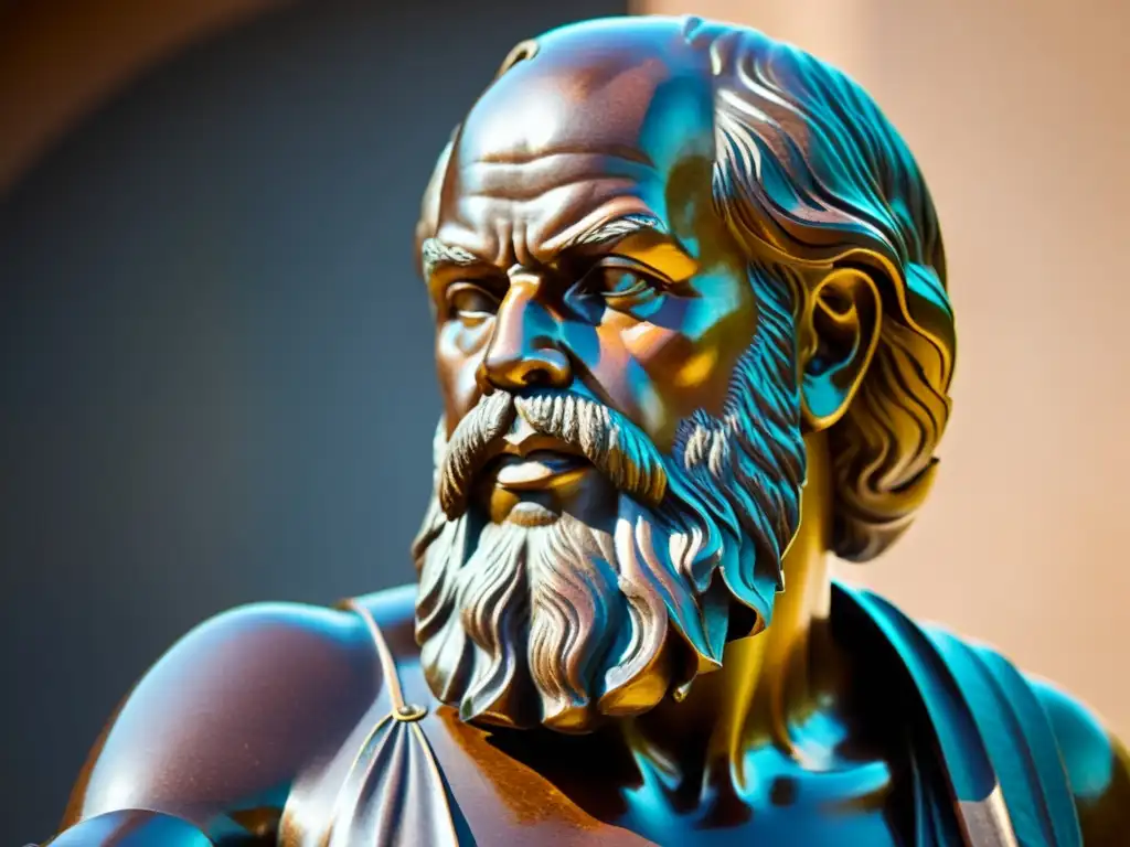 Detallado retrato de la estatua de bronce de Sócrates, con expresión reflexiva y textura envejecida