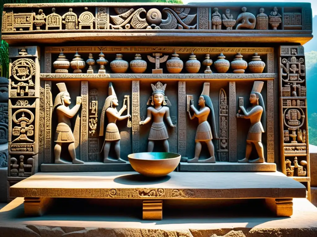 Detalle de altar mesoamericano tallado con expresiones filosóficas artefactos, iluminado por luz natural, evocando historia y sabiduría ancestral
