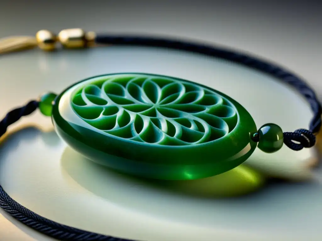 Detalle de amuleto magatama de jade con símbolos de protección en Shinto, resaltando su artesanía y significado cultural