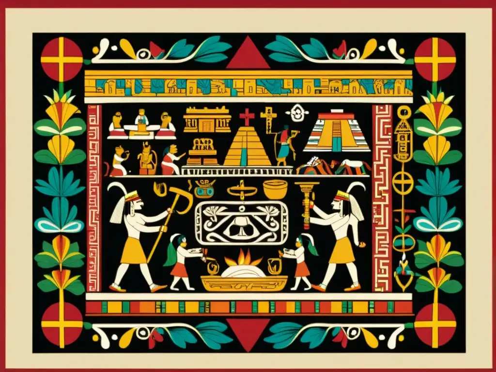 Detalle de un antiguo códice mesoamericano que representa normas sociales y filosofía, con colores vibrantes y patrones intrincados que muestran la interconexión de la comunidad y los rituales sagrados