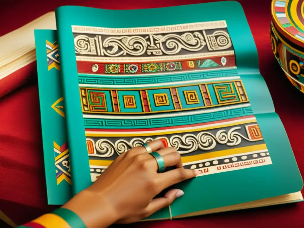 Detalle de un antiguo códice mixteco, deslumbrante en colores y símbolos, revelando la filosofía mixteca arte religión