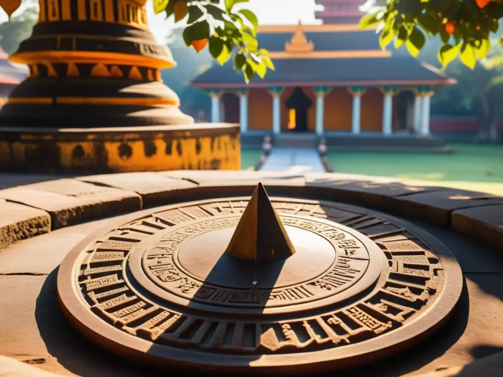 Detalle de antiguo reloj de sol en templo hindú, con monjes debatiendo bajo árbol sagrado
