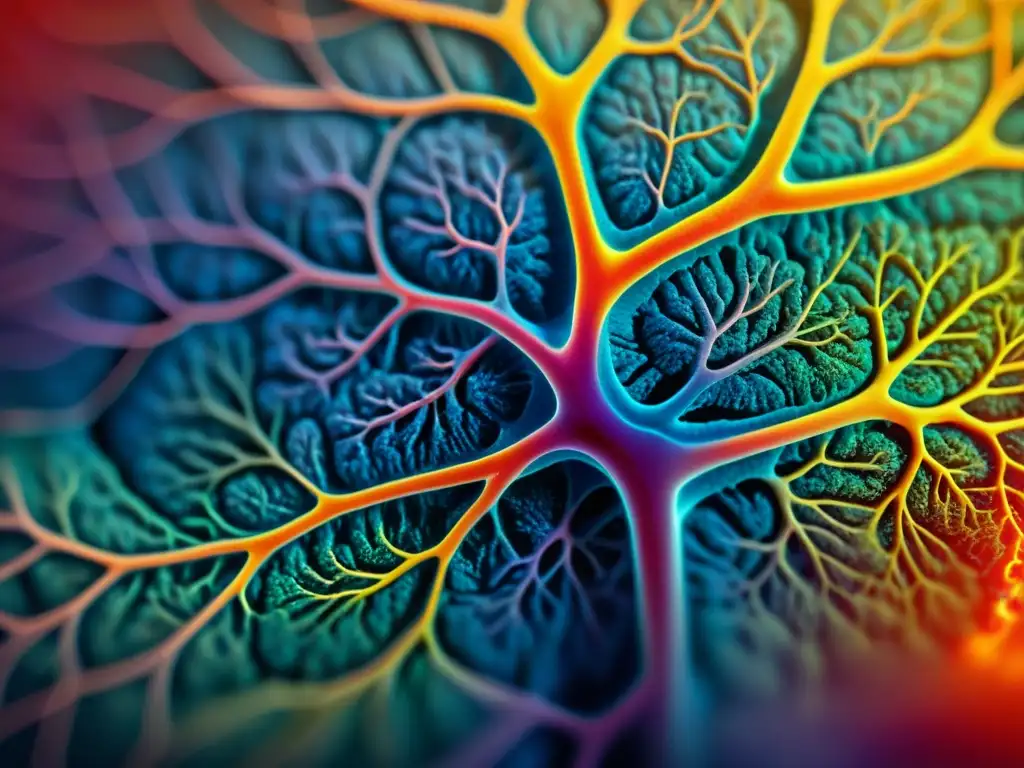 Detalle asombroso del cerebro humano en alta resolución, mostrando la compleja red de neuronas y sinapsis en colores vibrantes
