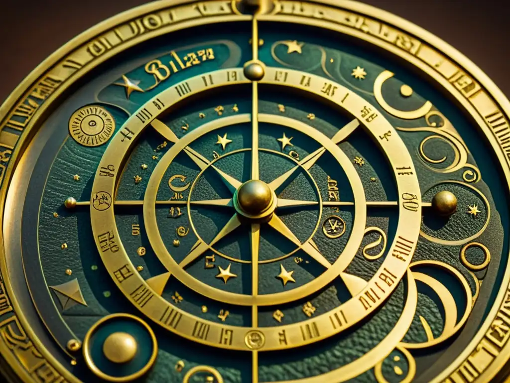 Detalle de astrolabio de latón vintage con engravings precisos sobre fondo oscuro, evocando la visión filosófica del determinismo de Laplace