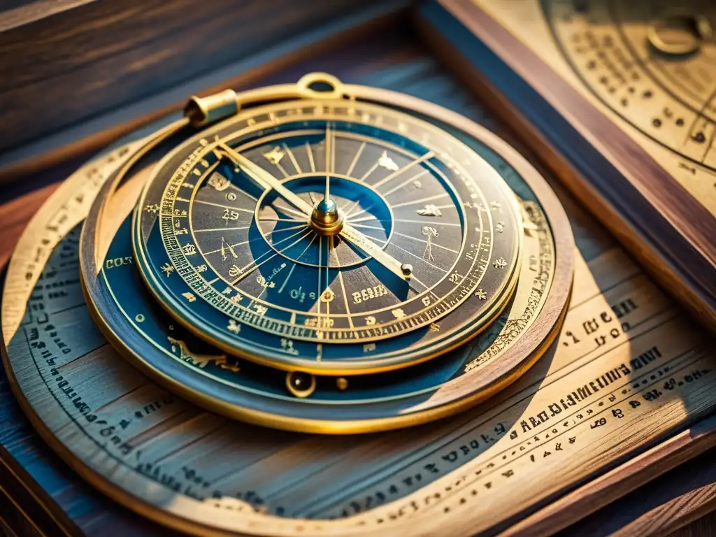 Detalle de un astrolabio vintage sobre mesa de madera envejecida, iluminado por luz natural, rodeado de instrumentos astronómicos antiguos