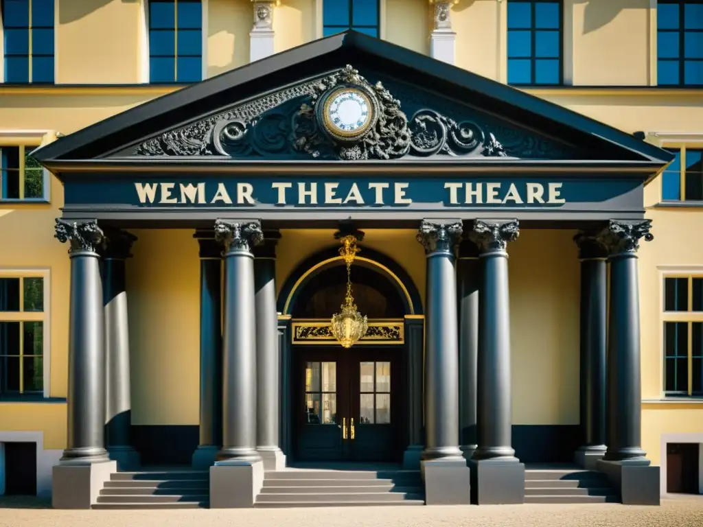 Detalle en blanco y negro del Teatro de Weimar en Alemania, con su fachada barroca y detalles arquitectónicos