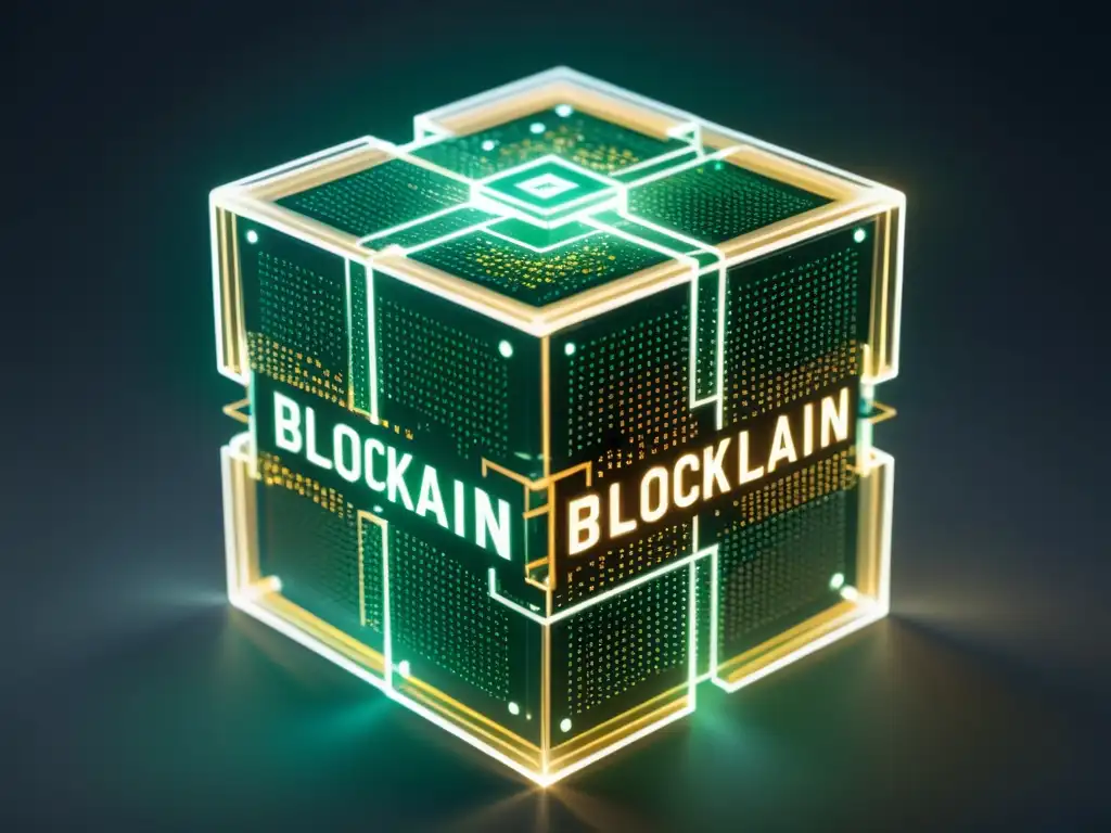 Detalle de bloque transparente con intrincadas cadenas de código, simbolizando la complejidad de la tecnología blockchain en la inversión filosofía