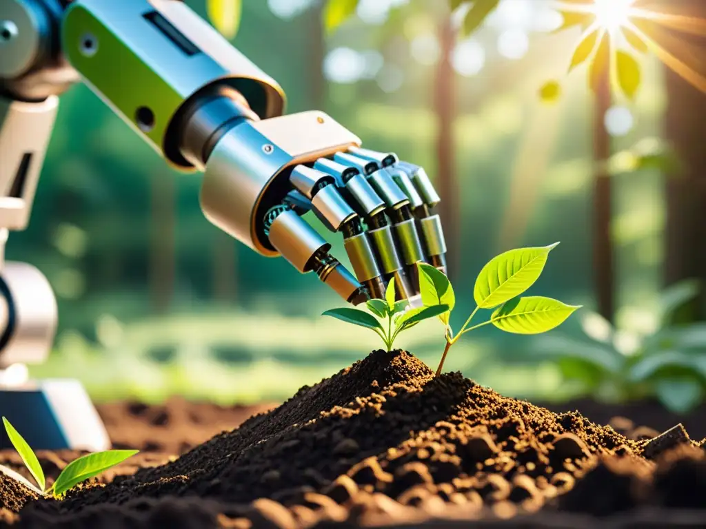 Detalle de brazo robótico plantando árbol en bosque exuberante, fusionando tecnología y naturaleza en esfuerzos de sostenibilidad