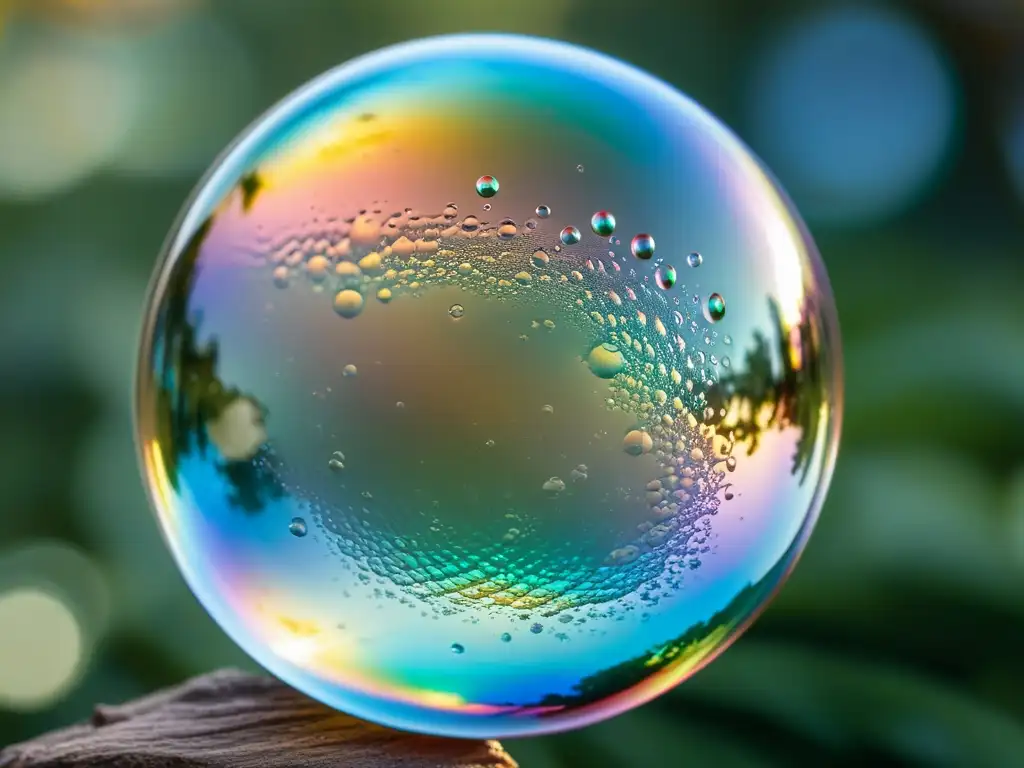 Detalle de una burbuja de jabón suspendida en el aire, con patrones iridiscentes y una forma esférica perfecta