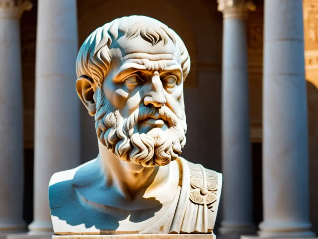 Detalle de busto de mármol de Aristóteles con arquitectura griega antigua iluminada por suave luz solar, evocando sabiduría y contemplación
