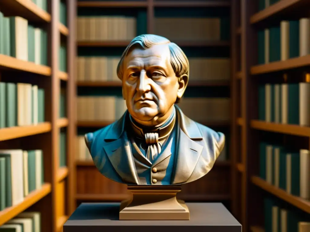Detalle de busto de Georg Wilhelm Friedrich Hegel en biblioteca iluminada, evocando historia de la filosofía occidental