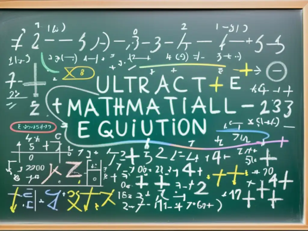 Detalle caótico de una ecuación matemática compleja resaltada con tizas de colores