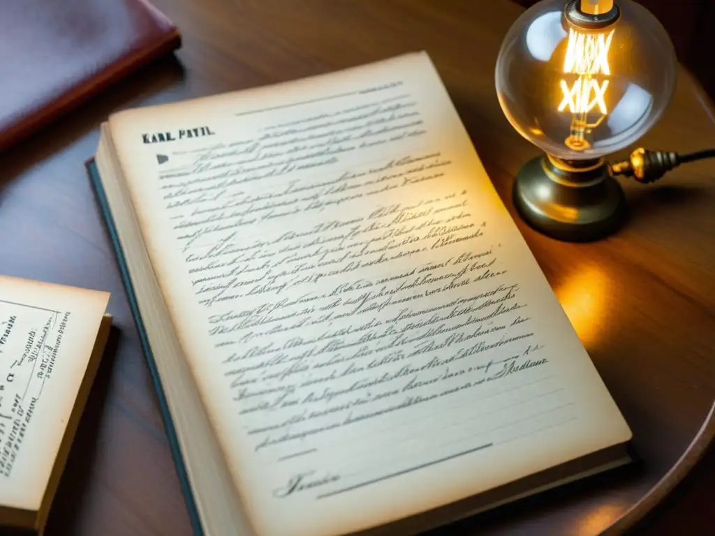 Detalle de 'El Capital' de Marx abierto en un escritorio de madera iluminado por una lámpara, con anotaciones manuscritas