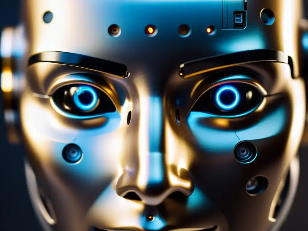 Detalle de la cara de un robot con circuitos y piel sintética, expresando curiosidad e inteligencia, con sombras dramáticas