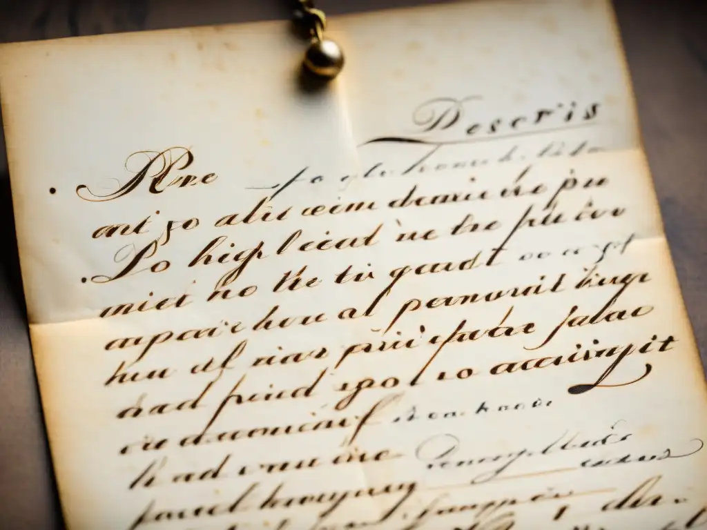 Detalle de una carta manuscrita por René Descartes, con su elegante letra cursiva y tinta desgastada en pergamino envejecido, iluminada suavemente