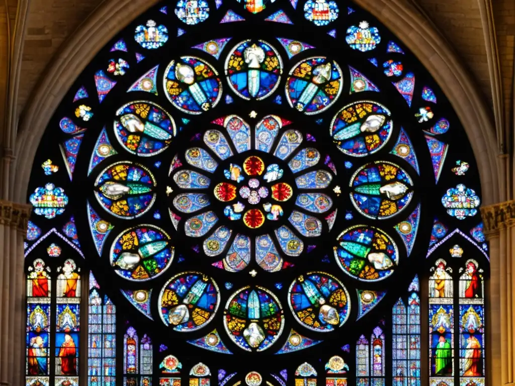 Detalle del rosetón de la catedral de Notre Dame, con vitrales iluminados por el sol, creando un efecto caleidoscópico