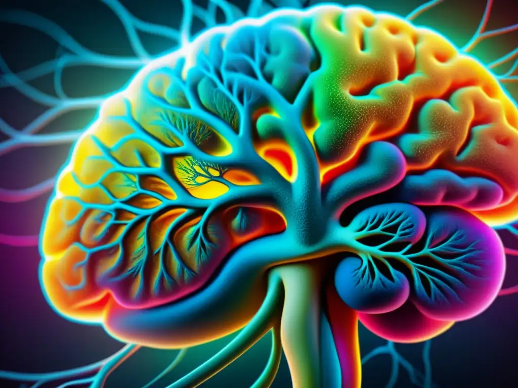 Detalle de un cerebro humano con conexiones neurales vibrantes, simbolizando la relación entre teorías filosóficas de voluntad, deseo y mente