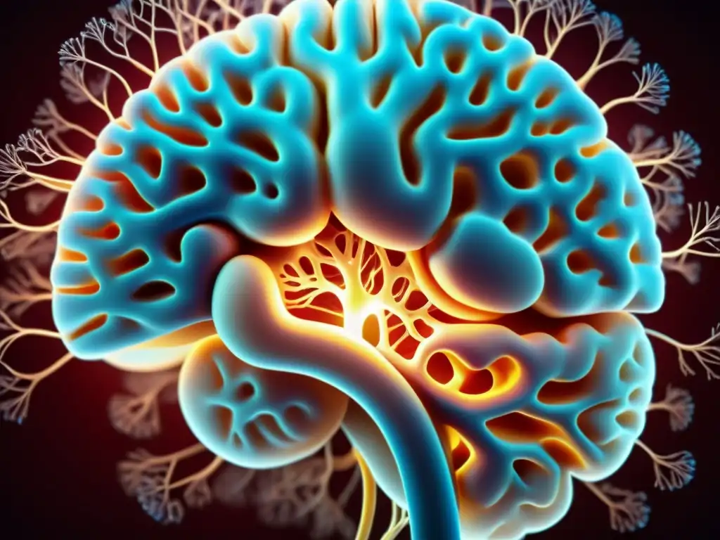 Detalle de un cerebro humano disecado, revelando la complejidad de las vías neuronales y sinapsis, iluminado dramáticamente