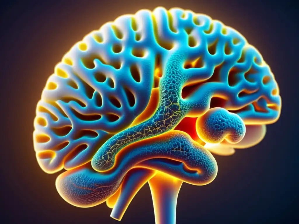 Detalle de un cerebro humano con intrincadas conexiones neuronales, iluminado sutilmente
