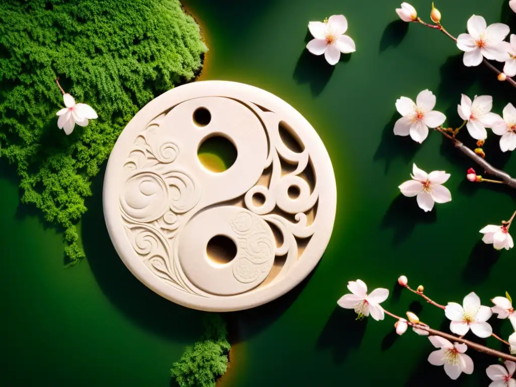 Detalle de símbolo yin yang chino tallado en piedra, iluminado por luz natural con sombras sutiles, rodeado de vegetación exuberante y flores de cerezo en flor