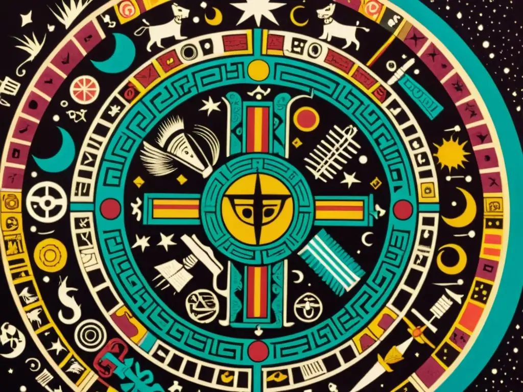 Detalle de un códice mesoamericano con vibrantes colores y símbolos que representan la dualidad en la cosmovisión mesoamericana, mientras un investigador lo examina con cuidado