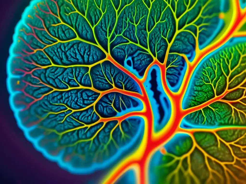 Detalles intrincados del cerebro humano: exploración científica y análisis Detalle colorido del cerebro humano bajo microscopio, resaltando la influencia de la psicología en decisiones de inversión