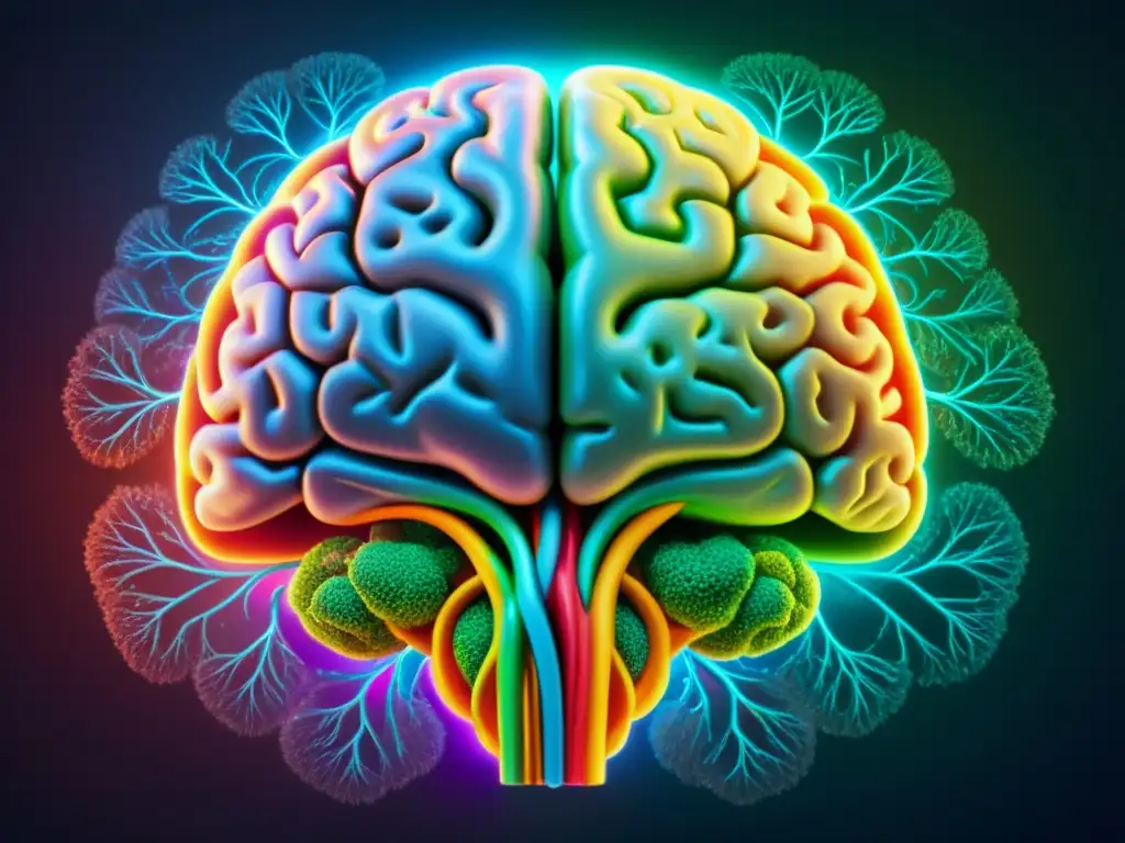 Detalle colorido del cerebro humano con complejas vías neuronales, ilustrando la psicología de la creencia y Hume en la formación de la realidad