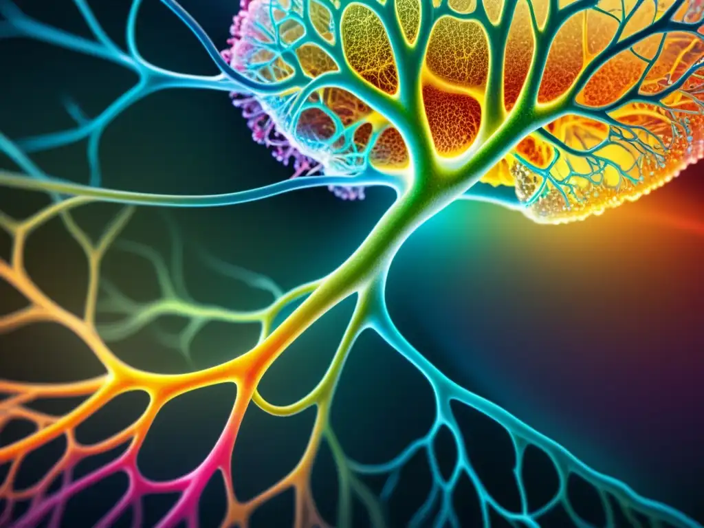 Detalle colorido de la complejidad en sistemas científicos: intrincada red de neuronas humanas